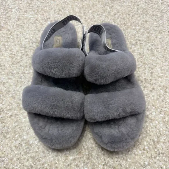 UGG Fuzzy Oh Yeah Fluff Gray Slippers Slides Logo 10 - Picture 4 of 8